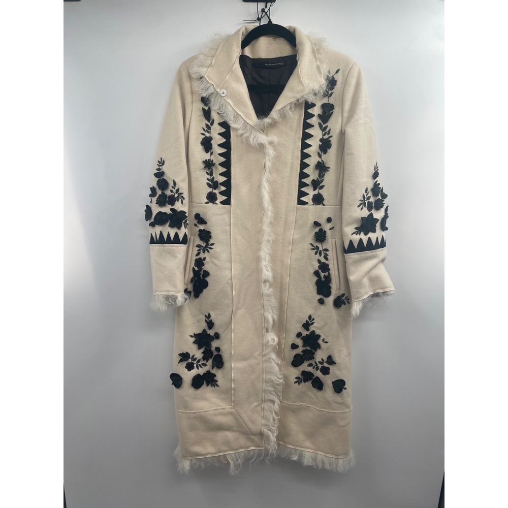 Maurizio Pecoraro Coat Women 10 Beige Black Wool Blend Folk Embroidered Fur Trim